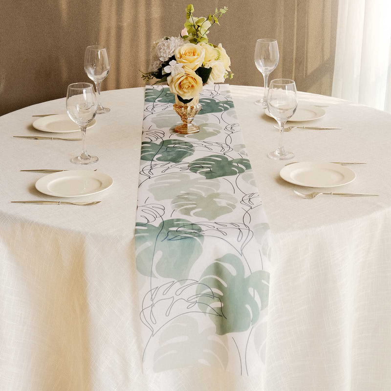 11" x 108" Monstera Palm Leaf Print Table Runner - White and Green RUN_DSP02_GRN