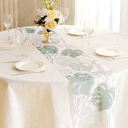 11" x 108" Monstera Palm Leaf Print Table Runner - White and Green RUN_DSP02_GRN