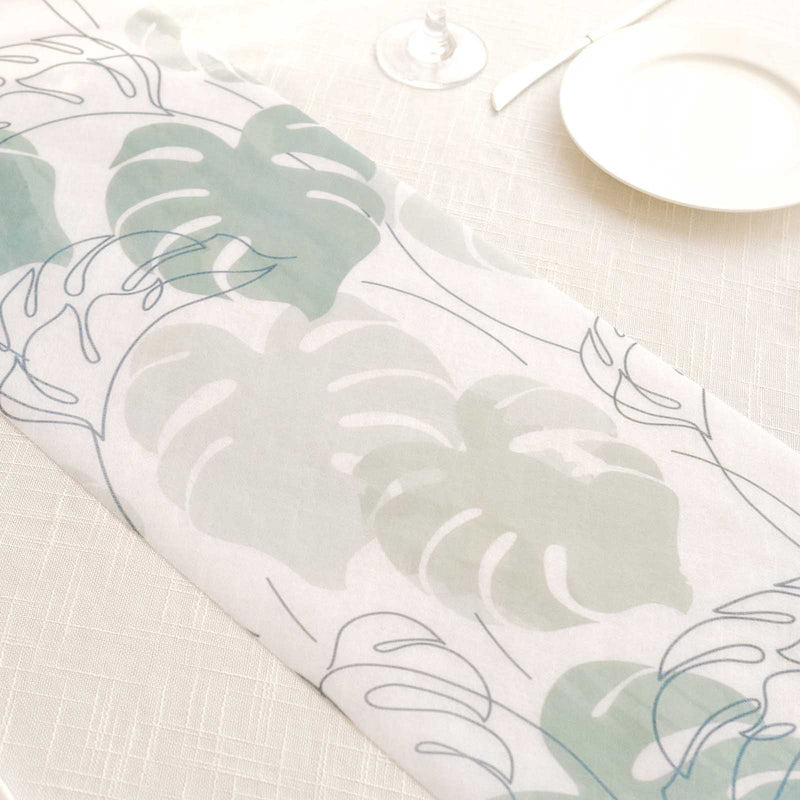 11" x 108" Monstera Palm Leaf Print Table Runner - White and Green RUN_DSP02_GRN