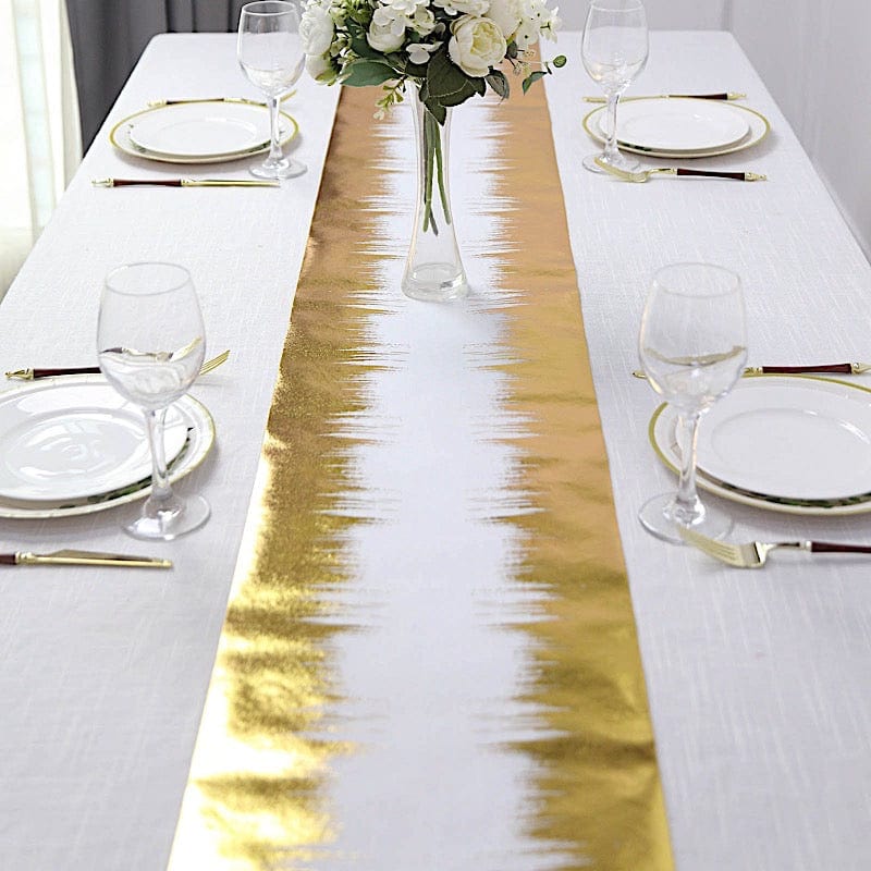 11"x108" Metallic Icicle Print Foil Table Runner Wedding Linens - White and Gold RUN_MET05_GOLD