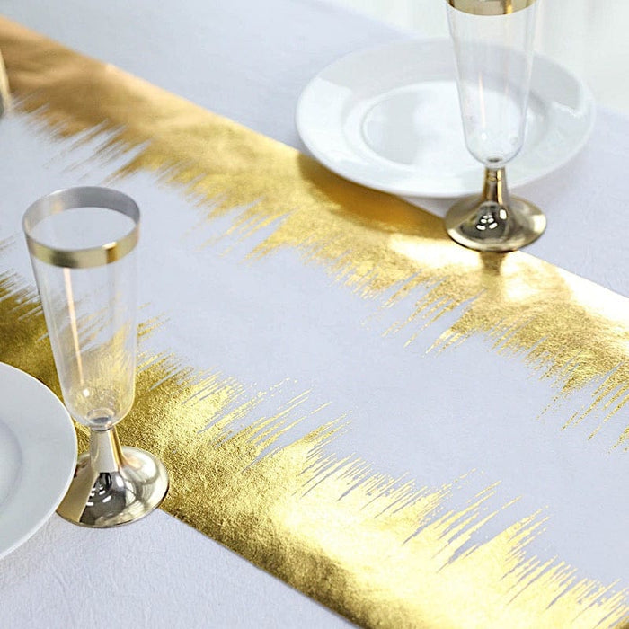 11"x108" Metallic Icicle Print Foil Table Runner Wedding Linens - White and Gold RUN_MET05_GOLD