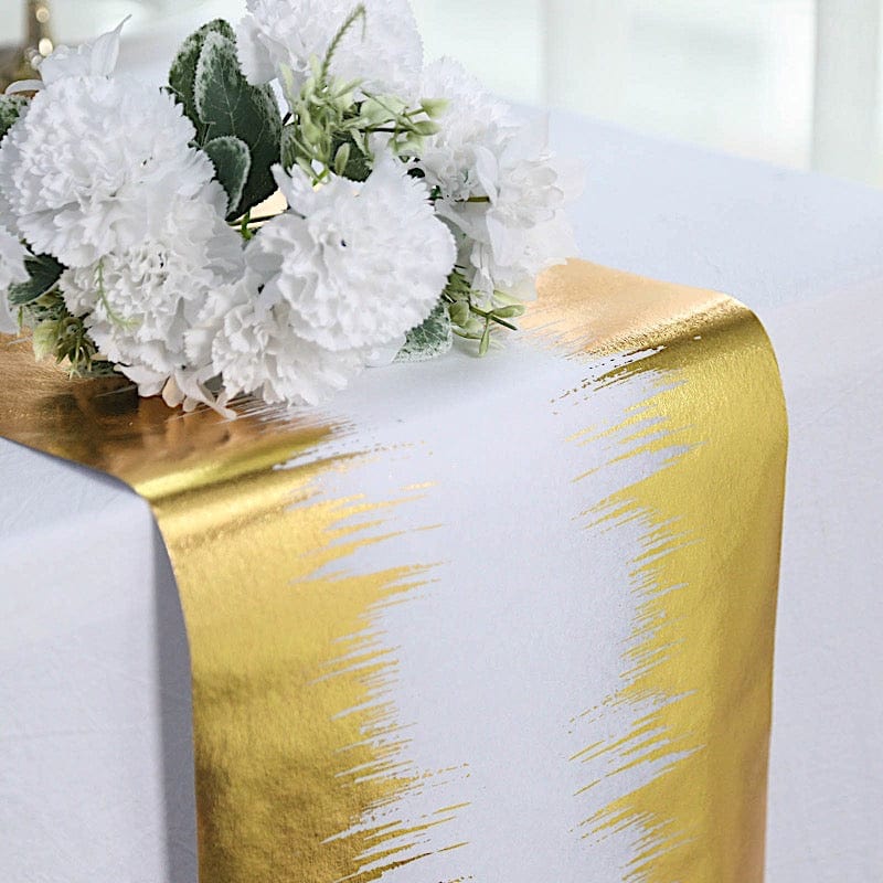 11"x108" Metallic Icicle Print Foil Table Runner Wedding Linens - White and Gold RUN_MET05_GOLD