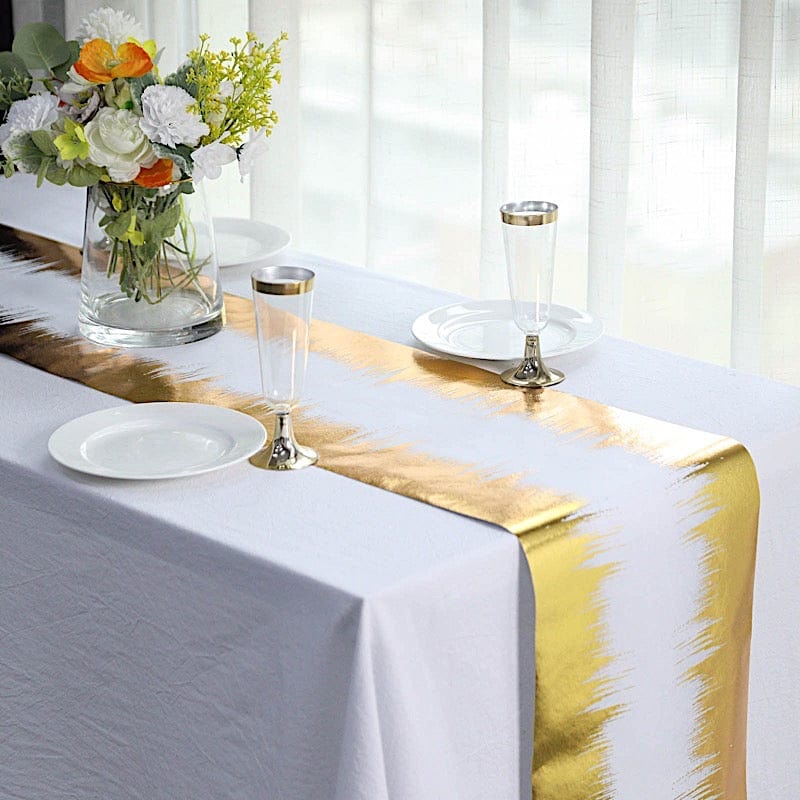 11"x108" Metallic Icicle Print Foil Table Runner Wedding Linens - White and Gold RUN_MET05_GOLD