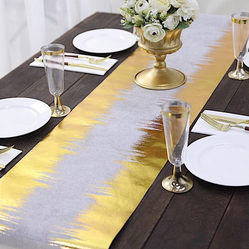 11"x108" Metallic Icicle Print Foil Table Runner Wedding Linens - White and Gold RUN_MET05_GOLD