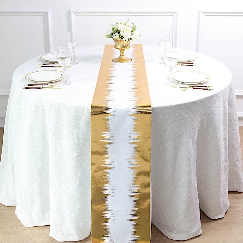 11"x108" Metallic Icicle Print Foil Table Runner Wedding Linens - White and Gold RUN_MET05_GOLD