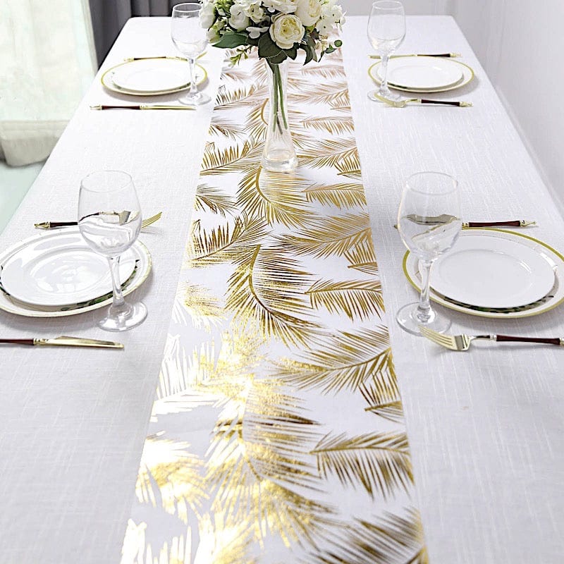 11"x108" Metallic Palm Leaves Non Woven Fabric Table Runner - White and Gold RUN_MET04_GOLD
