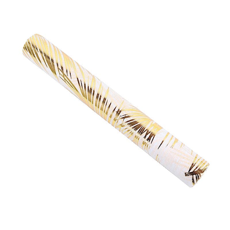 11"x108" Metallic Palm Leaves Non Woven Fabric Table Runner - White and Gold RUN_MET04_GOLD