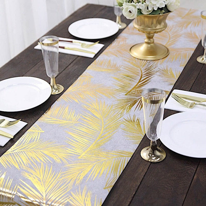 11"x108" Metallic Palm Leaves Non Woven Fabric Table Runner - White and Gold RUN_MET04_GOLD
