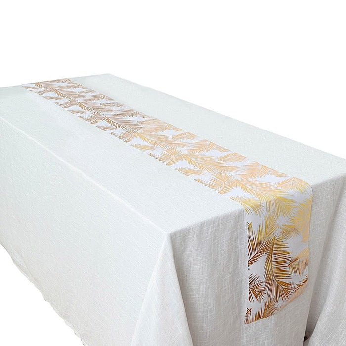 11"x108" Metallic Palm Leaves Print Non Woven Fabric Table Runner - White and Gold RUN_MET04_GOLD