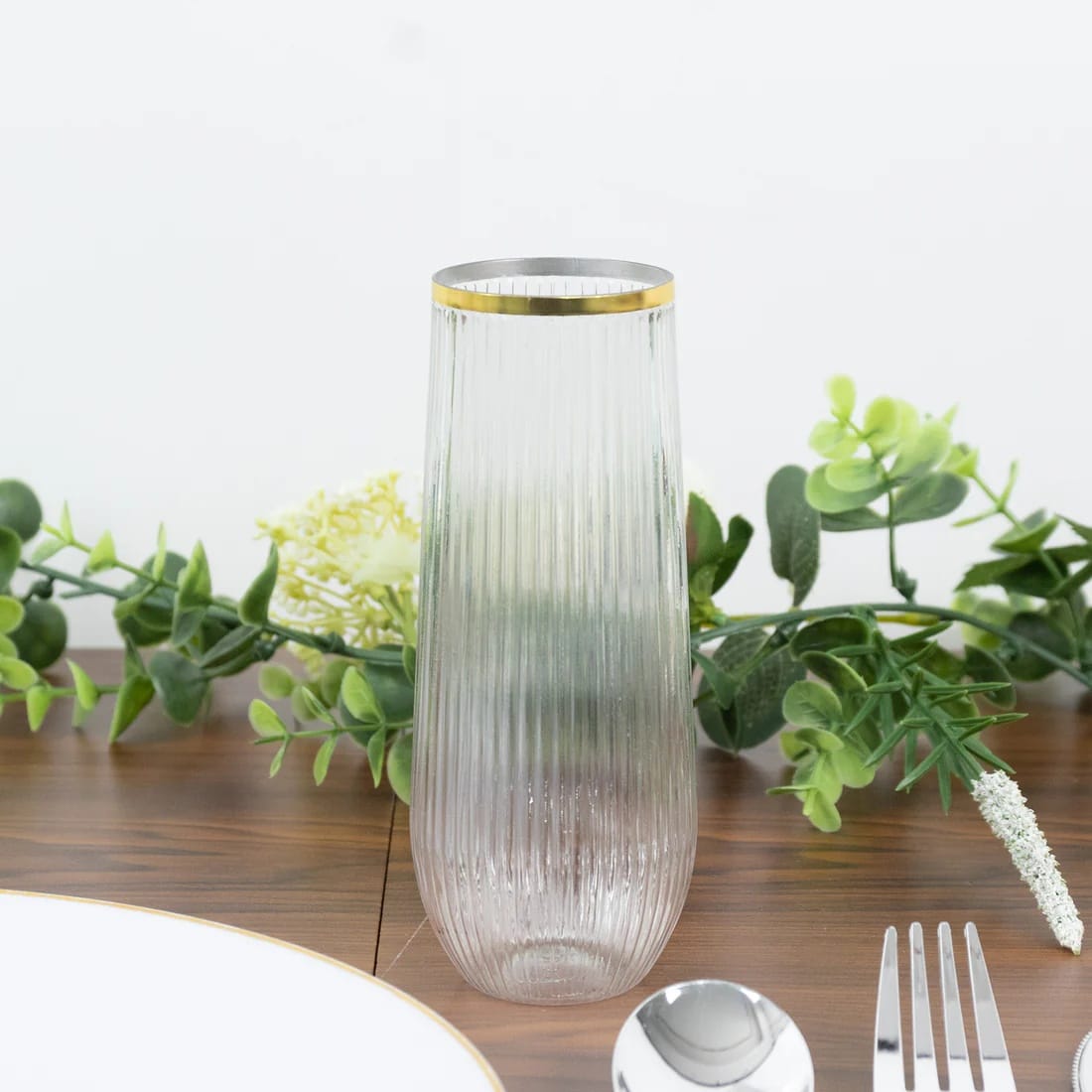 12 Clear 9 oz Stemless Plastic Champagne Flutes with Gold Rim - Disposable Glasses DSP_CUCP013_9_GOLD