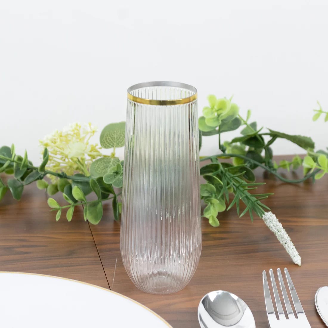 12 Clear 9 oz Stemless Plastic Champagne Flutes with Gold Rim - Disposable Glasses DSP_CUCP013_9_GOLD