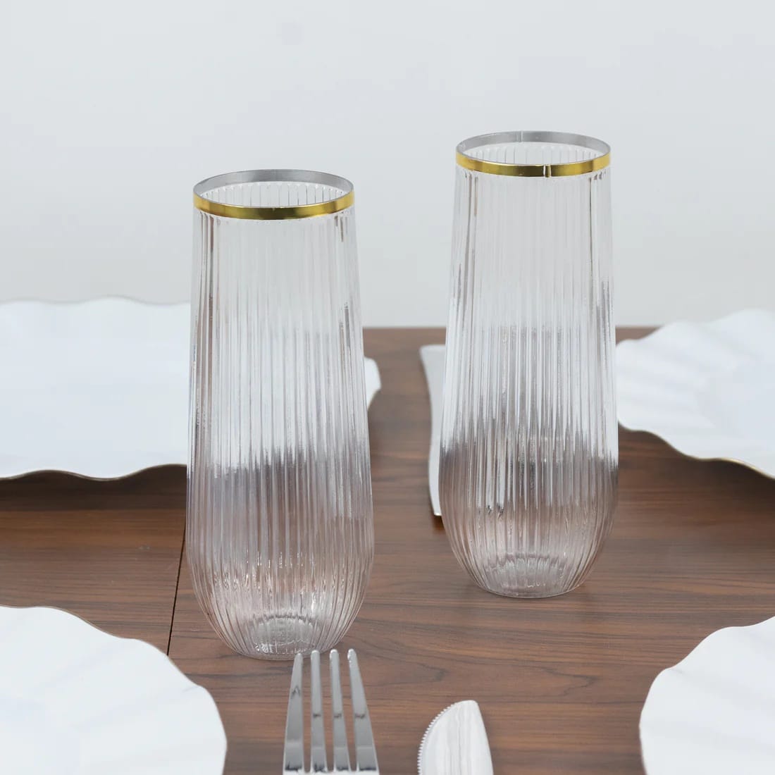 12 Clear 9 oz Stemless Plastic Champagne Flutes with Gold Rim - Disposable Glasses DSP_CUCP013_9_GOLD