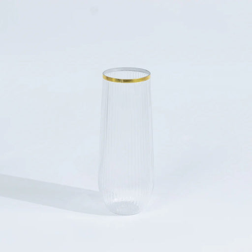 12 Clear 9 oz Stemless Plastic Champagne Flutes with Gold Rim - Disposable Glasses DSP_CUCP013_9_GOLD