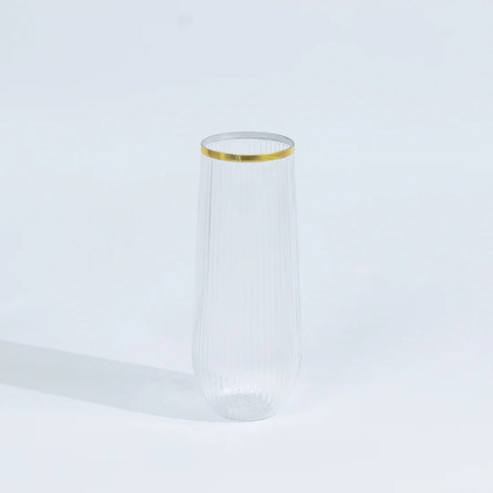 12 Clear 9 oz Stemless Plastic Champagne Flutes with Gold Rim - Disposable Glasses DSP_CUCP013_9_GOLD