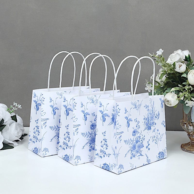 12 French Toile Paper Gift Bags with Handles - White and Blue BAG_PAP04_6X7_FLOR_BLUE