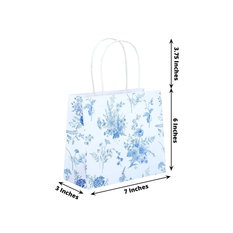 12 French Toile Paper Gift Bags with Handles - White and Blue BAG_PAP04_6X7_FLOR_BLUE