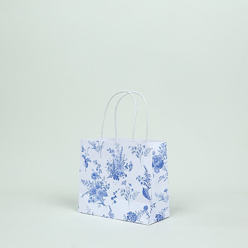 12 French Toile Paper Gift Bags with Handles - White and Blue BAG_PAP04_6X7_FLOR_BLUE