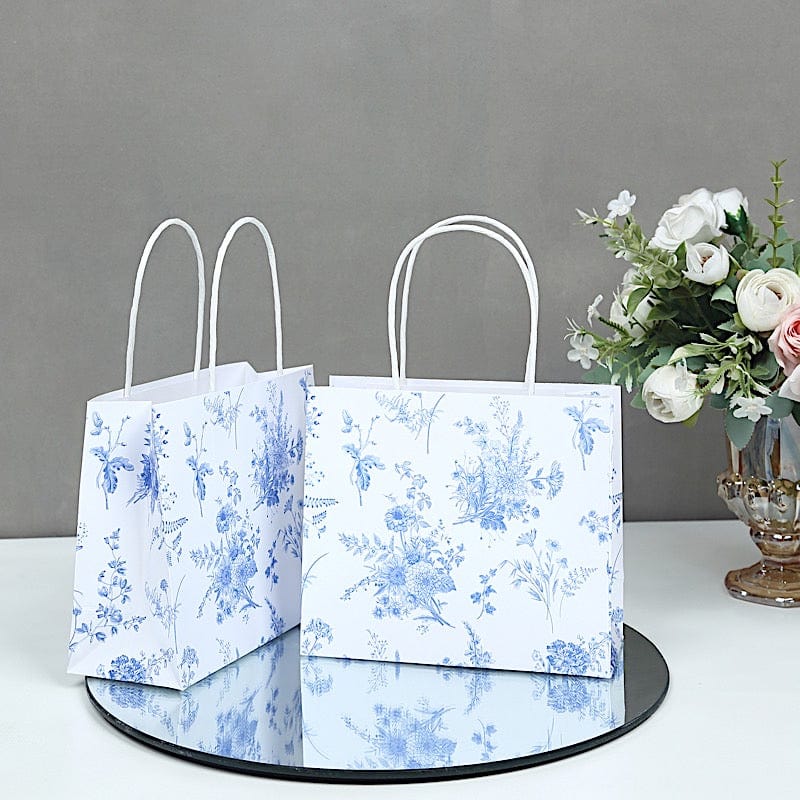 12 French Toile Paper Gift Bags with Handles - White and Blue BAG_PAP04_6X7_FLOR_BLUE