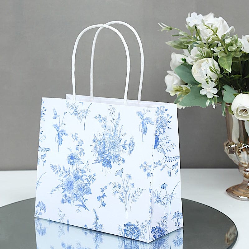12 French Toile Paper Gift Bags with Handles - White and Blue BAG_PAP04_6X7_FLOR_BLUE