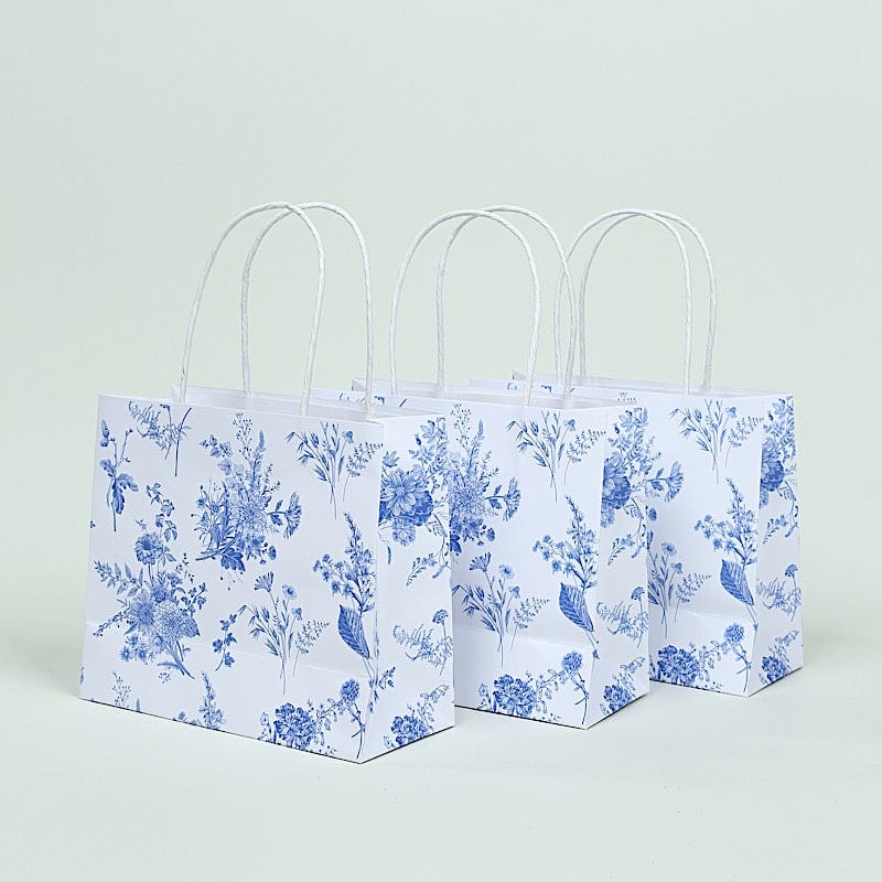 12 French Toile Paper Gift Bags with Handles - White and Blue BAG_PAP04_6X7_FLOR_BLUE