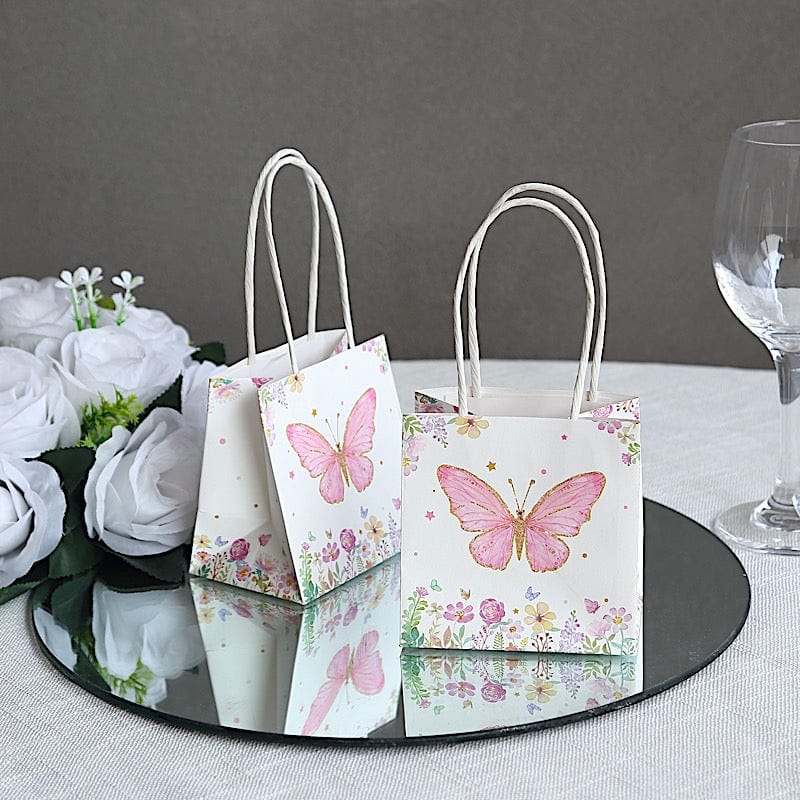 12 Glitter Butterfly Paper Gift Bags with Handles - Pink and White BAG_PAP04_4X4_BUT_WHT
