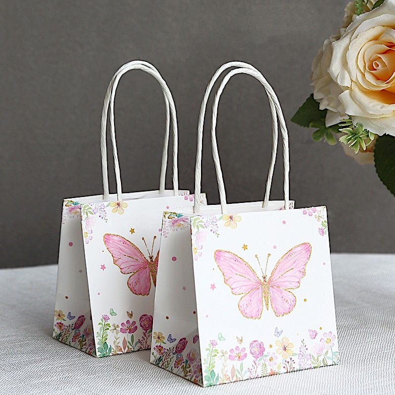 12 Glitter Butterfly Paper Gift Bags with Handles - Pink and White BAG_PAP04_4X4_BUT_WHT