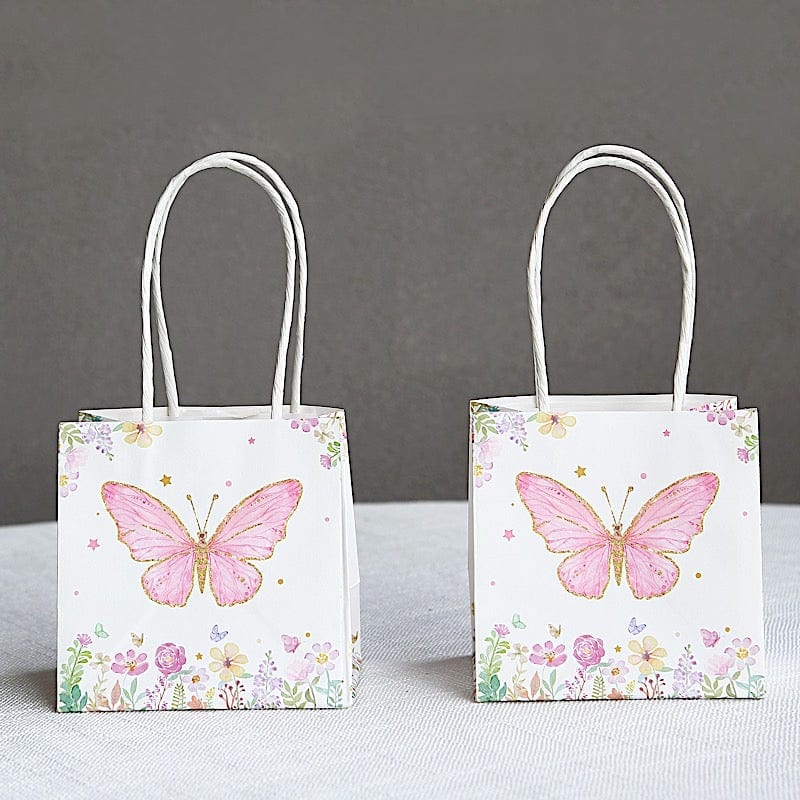 12 Glitter Butterfly Paper Gift Bags with Handles - Pink and White BAG_PAP04_4X4_BUT_WHT