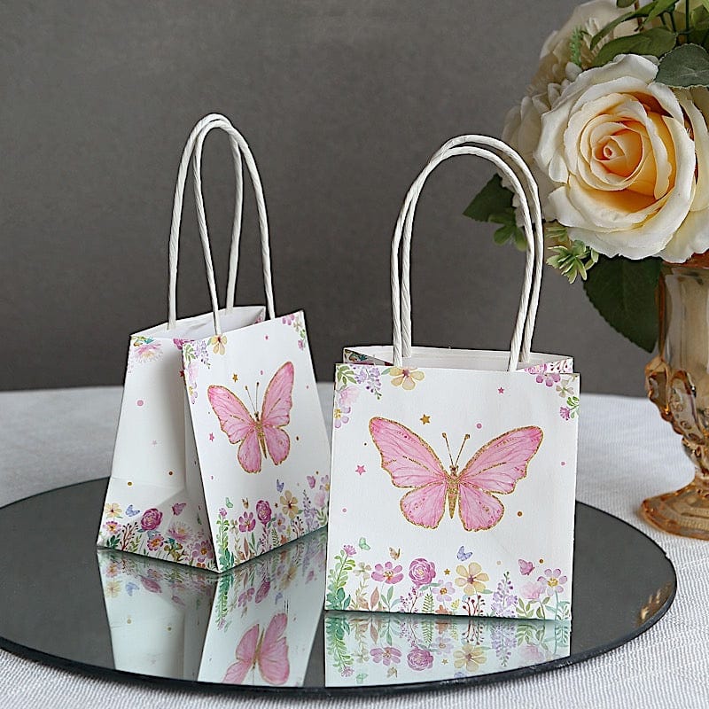 12 Glitter Butterfly Paper Gift Bags with Handles - Pink and White BAG_PAP04_4X4_BUT_WHT