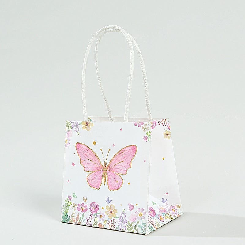12 Glitter Butterfly Paper Gift Bags with Handles - Pink and White BAG_PAP04_4X4_BUT_WHT
