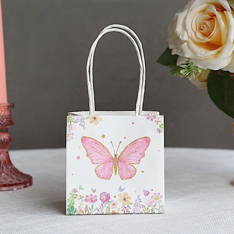 12 Glitter Butterfly Paper Gift Bags with Handles - Pink and White BAG_PAP04_4X4_BUT_WHT