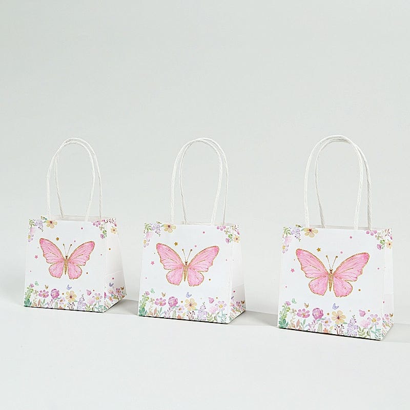 12 Glitter Butterfly Paper Gift Bags with Handles - Pink and White BAG_PAP04_4X4_BUT_WHT