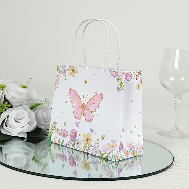 12 Glitter Butterfly Paper Gift Bags with Handles - Pink and White BAG_PAP04_6X7_BUT_WHT