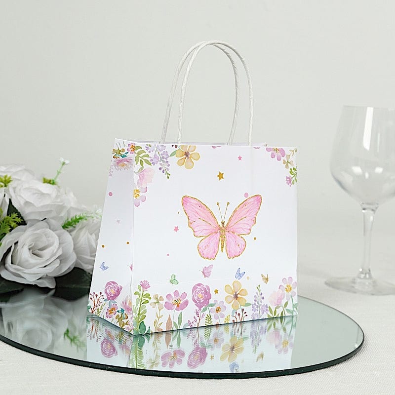 12 Glitter Butterfly Paper Gift Bags with Handles - Pink and White BAG_PAP04_6X7_BUT_WHT