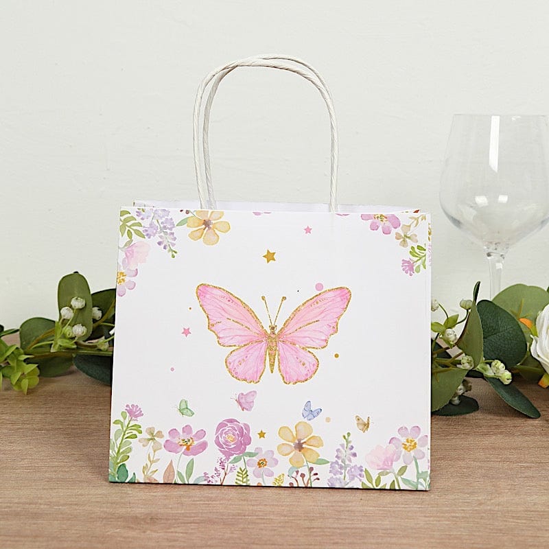 12 Glitter Butterfly Paper Gift Bags with Handles - Pink and White BAG_PAP04_6X7_BUT_WHT