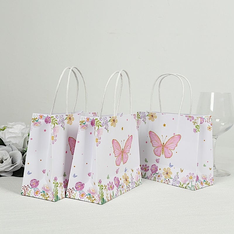 12 Glitter Butterfly Paper Gift Bags with Handles - Pink and White BAG_PAP04_6X7_BUT_WHT