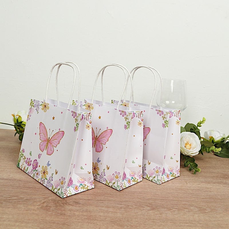 12 Glitter Butterfly Paper Gift Bags with Handles - Pink and White BAG_PAP04_6X7_BUT_WHT
