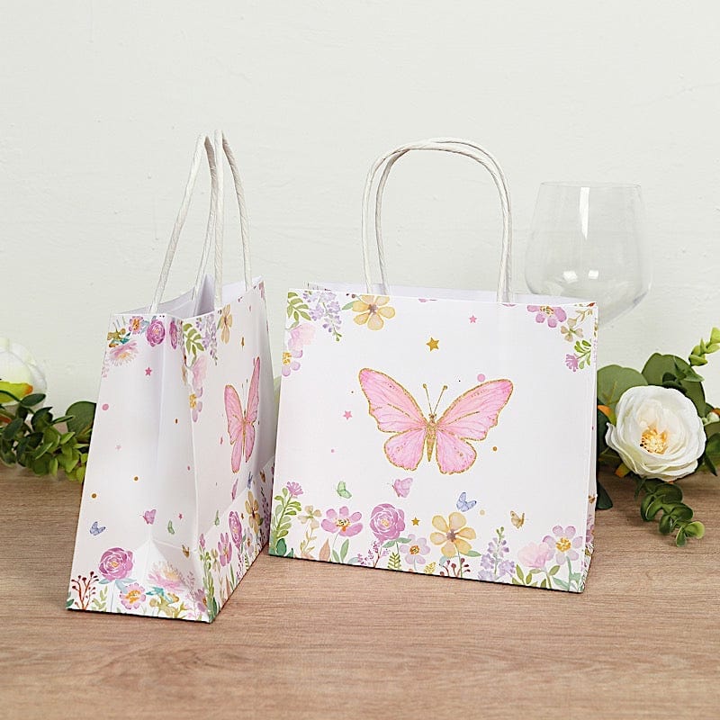 12 Glitter Butterfly Paper Gift Bags with Handles - Pink and White BAG_PAP04_6X7_BUT_WHT