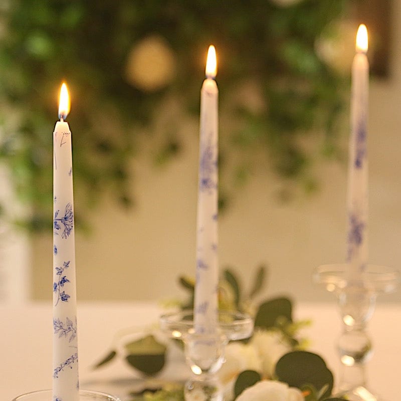 12 pcs 10" tall French Toile Wax Taper Candles - White and Blue CAND_TP10_FLOR_BLUE