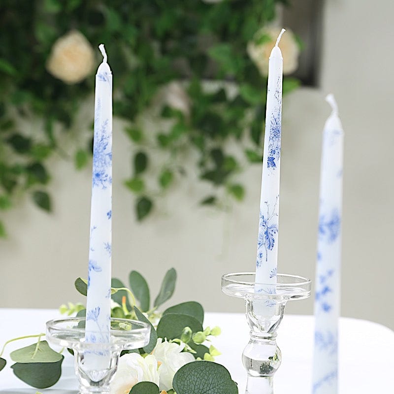 12 pcs 10" tall French Toile Wax Taper Candles - White and Blue CAND_TP10_FLOR_BLUE