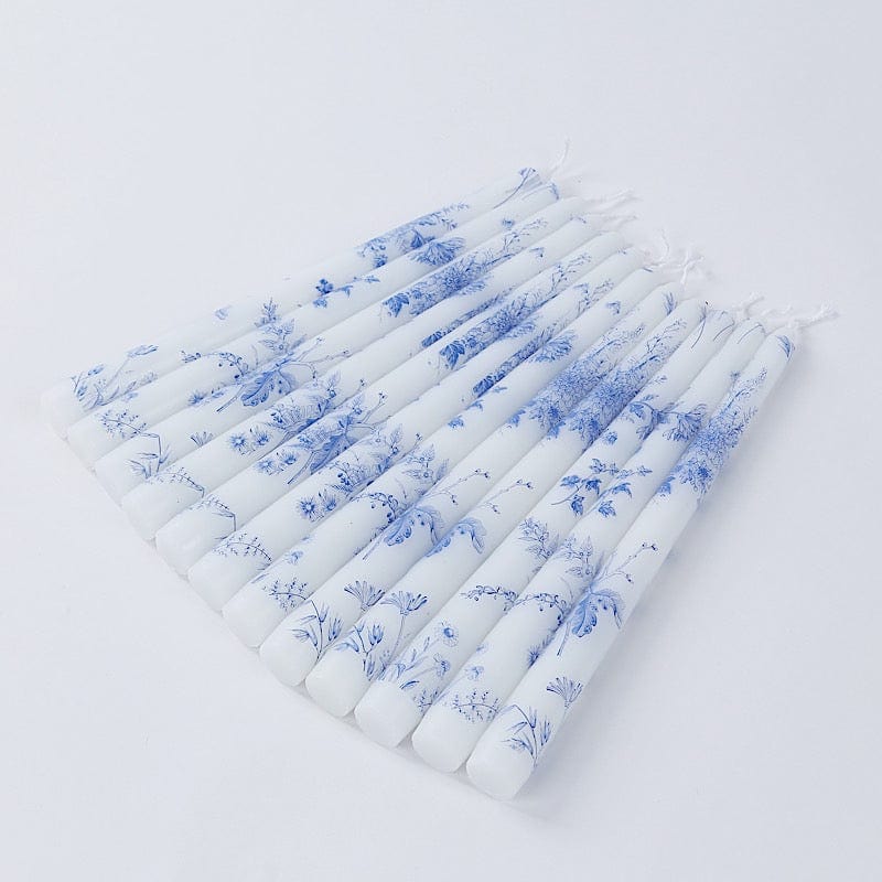 12 pcs 10" tall French Toile Wax Taper Candles - White and Blue CAND_TP10_FLOR_BLUE