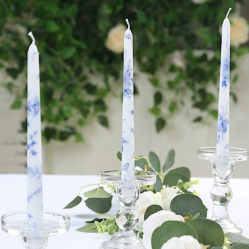 12 pcs 10" tall French Toile Wax Taper Candles - White and Blue CAND_TP10_FLOR_BLUE
