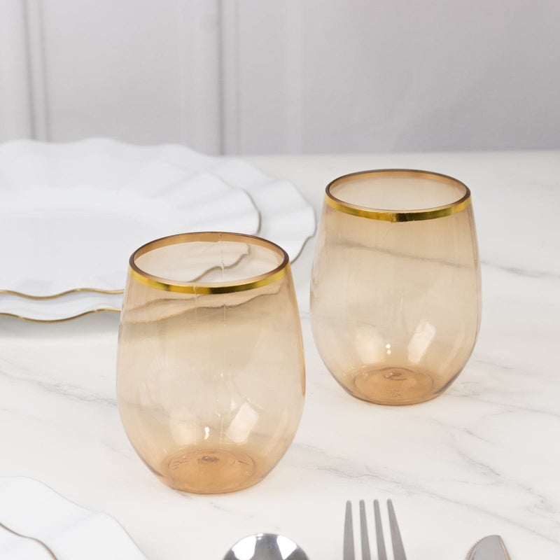 12 pcs 12 oz Gold Rim Stemless Plastic Wine Glasses - Disposable Tableware