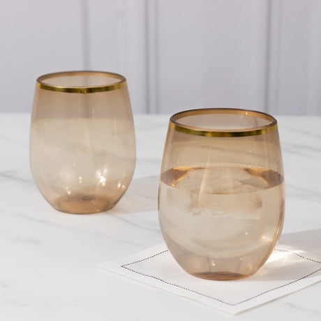 12 pcs 12 oz Gold Rim Stemless Plastic Wine Glasses - Disposable Tableware