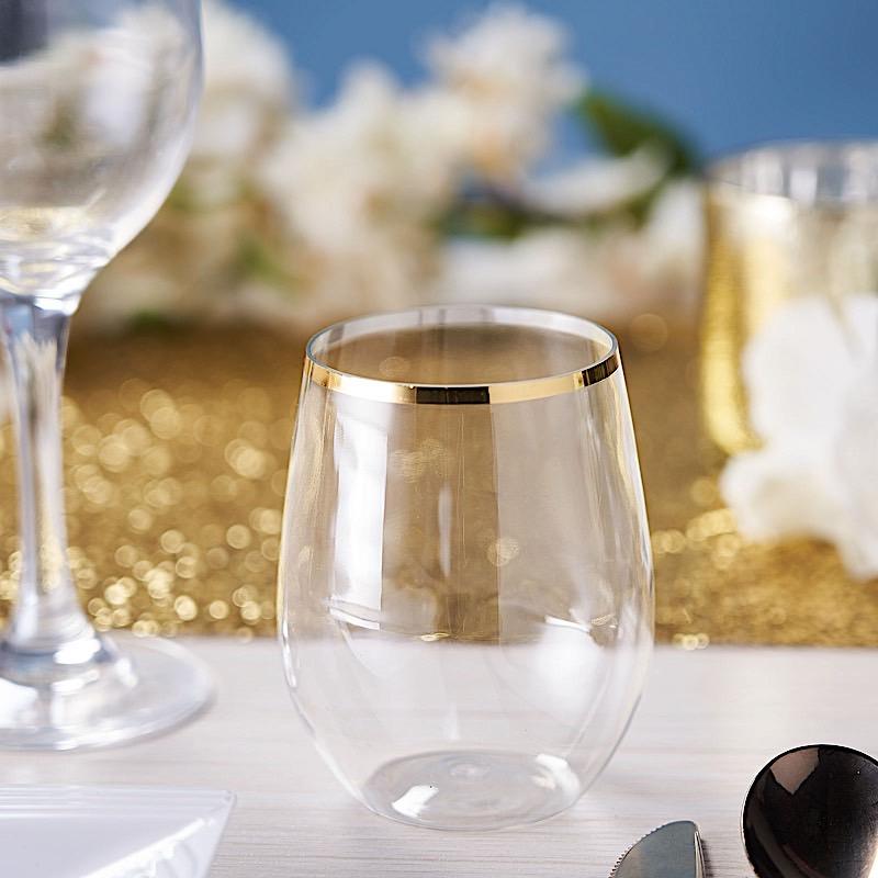 12 pcs 14 oz Gold Rim Stemless Plastic Wine Glasses - Disposable Tableware