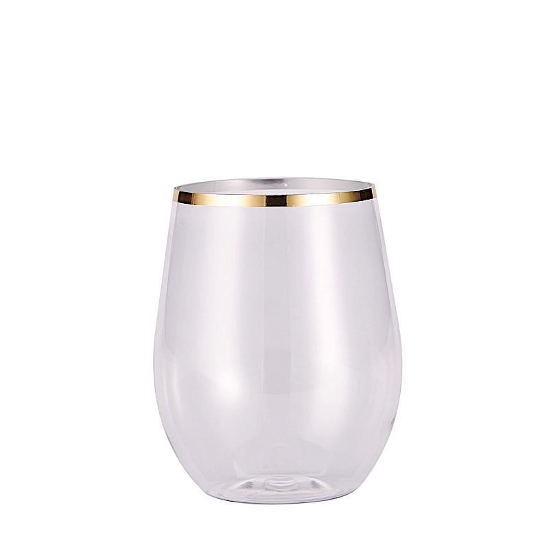 12 pcs 14 oz Gold Rim Stemless Plastic Wine Glasses - Disposable Tableware DSP_CUWN003_12_GOLD