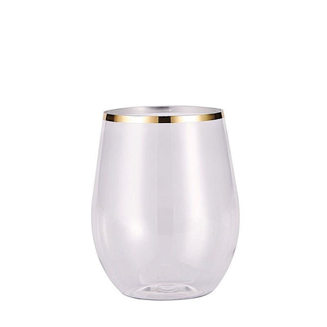 12 pcs 14 oz Gold Rim Stemless Plastic Wine Glasses - Disposable Tableware DSP_CUWN003_12_GOLD
