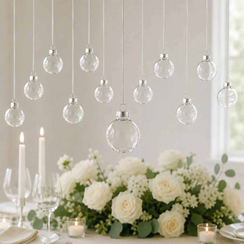 12 pcs 2" wide Glass Hanging Ornament Balls with Removable Silver Caps - Clear GLAS_HANG_BALL_2_CLR
