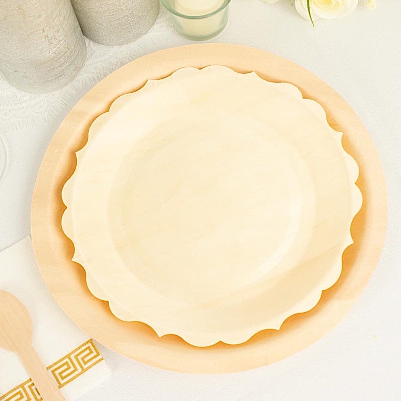 12 pcs 9" Natural Birch Wooden Scalloped Rim Dinner Plates - Disposable Tableware BIRC_P009_9