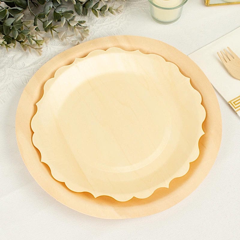 12 pcs 9" Natural Birch Wooden Scalloped Rim Dinner Plates - Disposable Tableware BIRC_P009_9