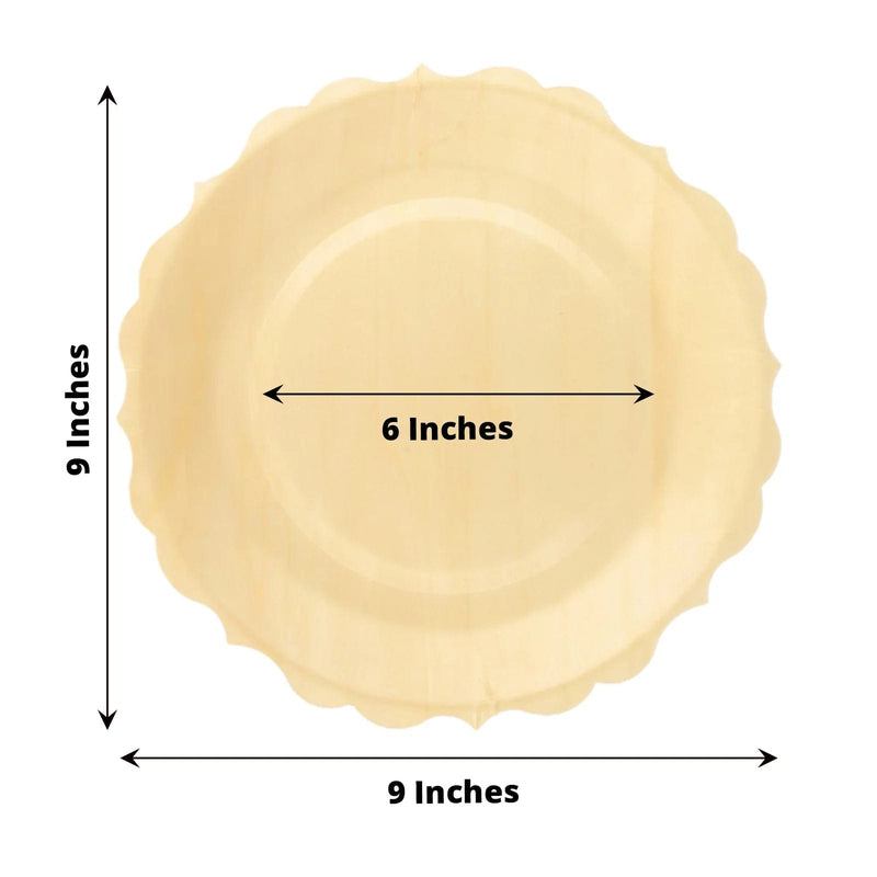 12 pcs 9" Natural Birch Wooden Scalloped Rim Dinner Plates - Disposable Tableware BIRC_P009_9